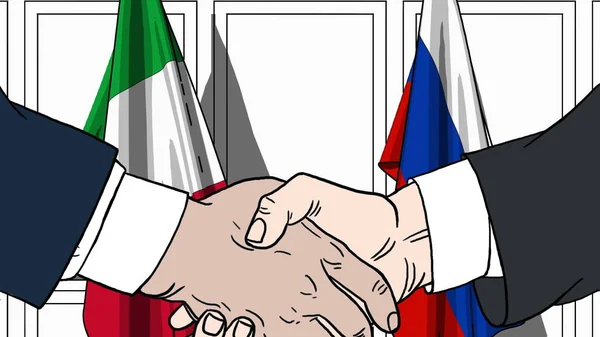 Geschäftsleute oder Politiker beim Händeschütteln gegen Flaggen Italiens und Russlands. Treffen oder Zusammenarbeit im Zusammenhang mit Cartoon Illustration — Stockfoto