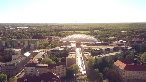 Aerial view of Leipzig involving glass roof of the city zoo, Germany — Stock Video