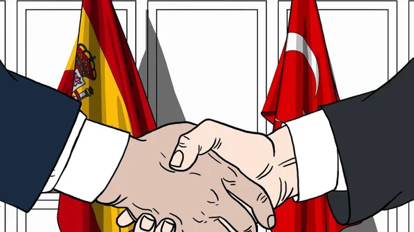 Zakenlieden of politici schudden handen tegen de lijst van vlaggen van Spanje en Turkije. Vergadering of samenwerking gerelateerde cartoon afbeelding — Stockfoto