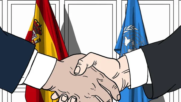 İş adamları veya politikacılar İspanya ve BM'nin bayraklarını karşı el sıkışın. Resmi toplantı veya işbirliği editoryal illüstrasyon ile ilgili — Stok fotoğraf