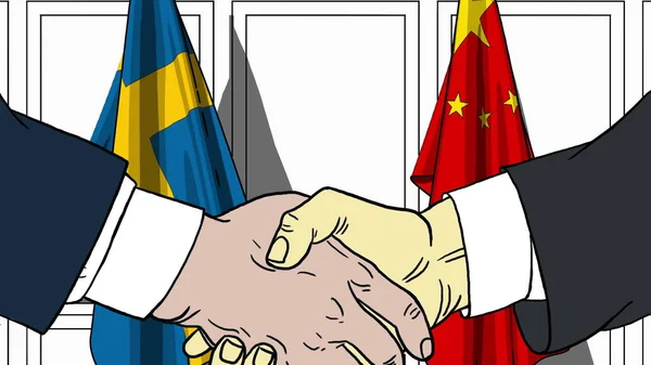 Empresários ou políticos apertam as mãos contra bandeiras da Suécia e da China. Reunião oficial ou ilustração de desenhos animados relacionados com a cooperação — Fotografia de Stock