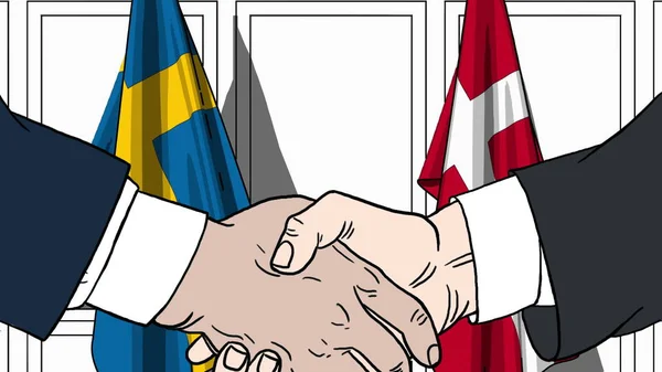 Empresários ou políticos apertam as mãos contra bandeiras da Suécia e Dinamarca. Reunião oficial ou ilustração de desenhos animados relacionados com a cooperação — Fotografia de Stock
