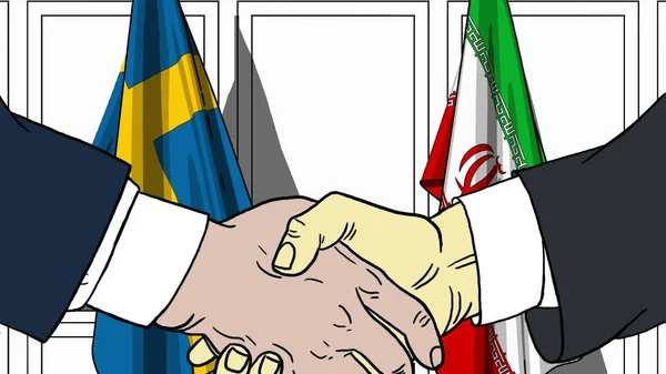 Empresarios o políticos se dan la mano contra las banderas de Suecia e Irán. Reunión oficial o ilustración de dibujos animados relacionados con la cooperación — Foto de Stock