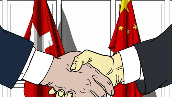 Businessmen or politicians shaking hands against flags of Switzerland and China. Meeting or cooperation related cartoon illustration — Stock Photo, Image