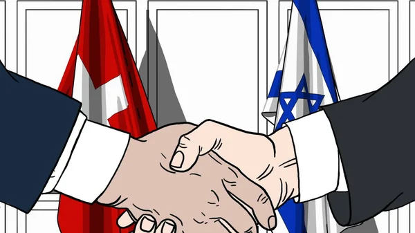 Affärsmän eller politiker skakar hand mot flaggor av Schweiz och Israel. Officiellt möte eller samarbete med tecknad illustration — Stockfoto