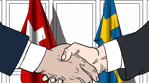 Empresários ou políticos apertam as mãos contra bandeiras da Suíça e da Suécia. Reunião oficial ou ilustração de desenhos animados relacionados com a cooperação — Fotografia de Stock