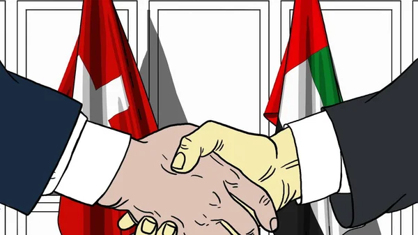 Empresários ou políticos apertam as mãos contra bandeiras da Suíça e dos Emirados Árabes Unidos. Reunião oficial ou ilustração de desenhos animados relacionados com a cooperação — Fotografia de Stock