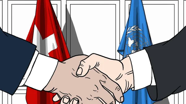 Geschäftsleute oder Politiker schütteln Hände gegen Fahnen der Schweiz und vereinter Nationen. offizielles Treffen oder kooperationsbezogene redaktionelle Illustration — Stockfoto