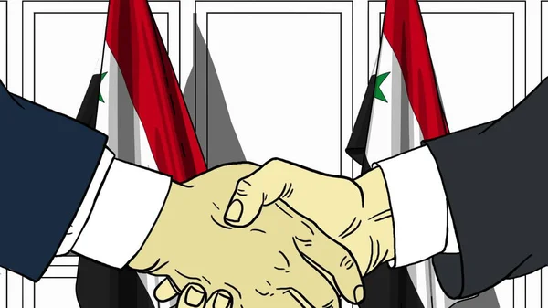 Zakenlieden of politici schudden handen tegen vlaggen van Syrië. Officiële bijeenkomst of samenwerking gerelateerde cartoon afbeelding — Stockfoto