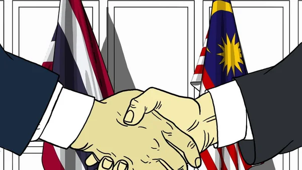 Geschäftsleute oder Politiker schütteln Hände gegen Fahnen Thailands und Malaysias. offizielles Treffen oder Zusammenarbeit im Zusammenhang mit Cartoon Illustration — Stockfoto