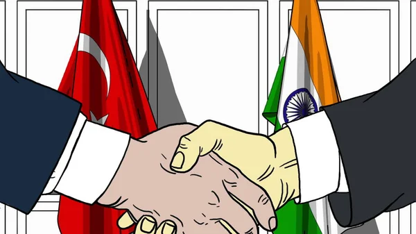 İş adamları veya bayraklar Türkiye ve Hindistan karşı tokalaşırken politikacılar. Toplantı veya işbirliği karikatür çizimi ile ilgili — Stok fotoğraf