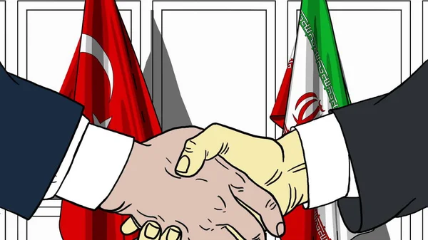 Biznesmenów i polityków uścisnąć dłoń przed flagi Turcji i Iranie. Oficjalne spotkanie lub współpracy z ilustracja kreskówka — Zdjęcie stockowe