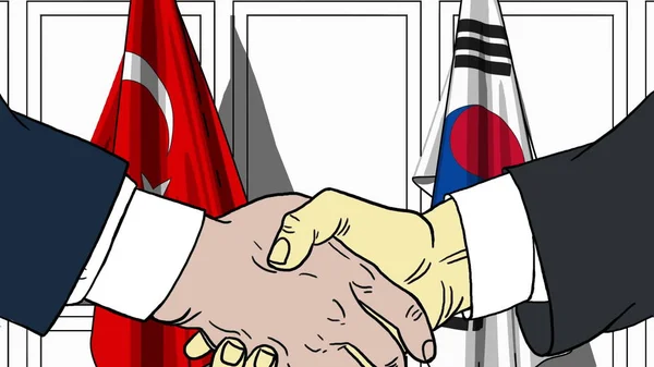 Empresários ou políticos apertando as mãos contra bandeiras da Turquia e da Coreia. ilustração cartoon relacionados com reuniões ou cooperação — Fotografia de Stock