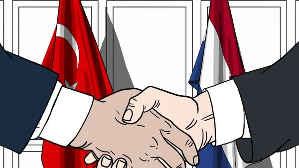 Uomini d'affari o politici stringono la mano contro le bandiere della Turchia e dei Paesi Bassi. Illustrazione dei cartoni animati relativi alla riunione o alla cooperazione — Foto Stock