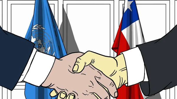 Businessmen or politicians shake hands against flags of United Nations and Chile. Official meeting or cooperation related editorial illustration — Stock Photo, Image