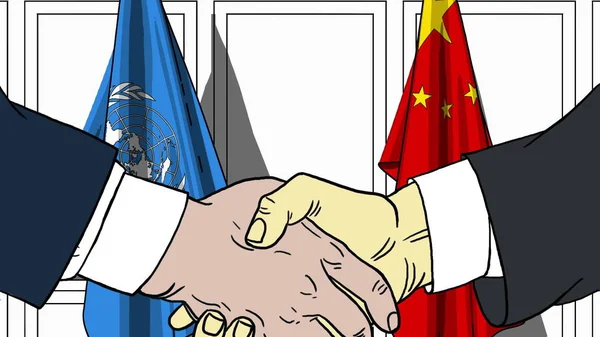 Businessmen or politicians shake hands against flags of United Nations and China. Official meeting or cooperation related editorial illustration — Stock Photo, Image