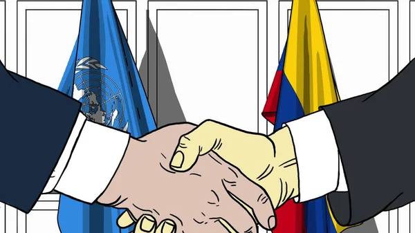 商人或政界人士与联合国和哥伦比亚的旗帜握手。官方会议或合作相关的社论插图 — 图库照片