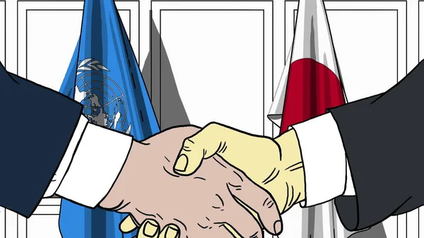 Empresarios o políticos se dan la mano contra las banderas de las Naciones Unidas y Japón. Reunión oficial o cooperación relacionada con la ilustración editorial — Foto de Stock