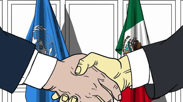 Empresarios o políticos se dan la mano contra banderas de las Naciones Unidas y México. Reunión oficial o cooperación relacionada con la ilustración editorial —  Fotos de Stock