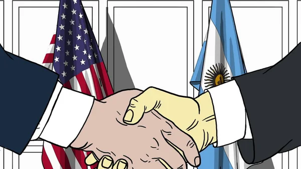 Podnikatelé či politici potřesení rukou proti vlajek Usa a Argentině. Schůzky nebo spolupráci související kreslený obrázek — Stock fotografie
