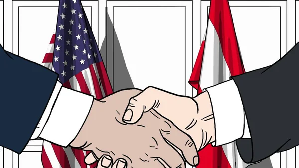 Affärsmän eller politiker skakar hand mot flaggor av Usa och Österrike. Officiellt möte eller samarbete med tecknad illustration — Stockfoto