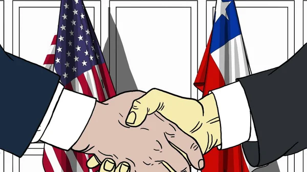 Businessmen or politicians shake hands against flags of USA and Chile. Official meeting or cooperation related cartoon illustration — Stock Photo, Image
