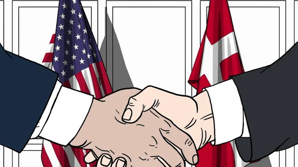 Biznesmenów i polityków uścisnąć dłoń przed flagi Usa i Danii. Oficjalne spotkanie lub współpracy z ilustracja kreskówka — Zdjęcie stockowe