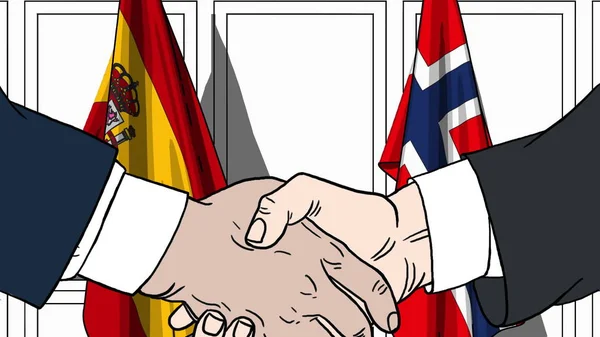 Uomini d'affari o politici stringono la mano contro le bandiere di Spagna e Norvegia. Riunione ufficiale o illustrazione dei cartoni animati relativi alla cooperazione — Foto Stock