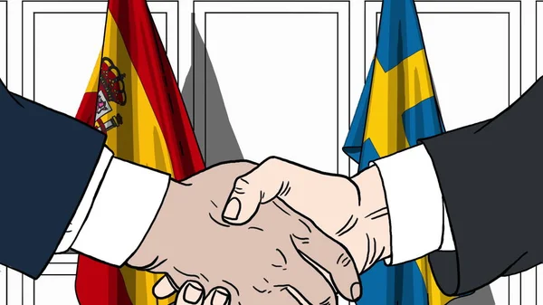 商人或政界人士与西班牙和瑞典的国旗握手。正式会议或合作相关卡通插图 — 图库照片