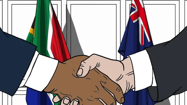 Zakenlieden of politici schudden handen tegen vlaggen van Zuid-Afrika en Australië. Officiële bijeenkomst of samenwerking gerelateerde cartoon afbeelding — Stockfoto