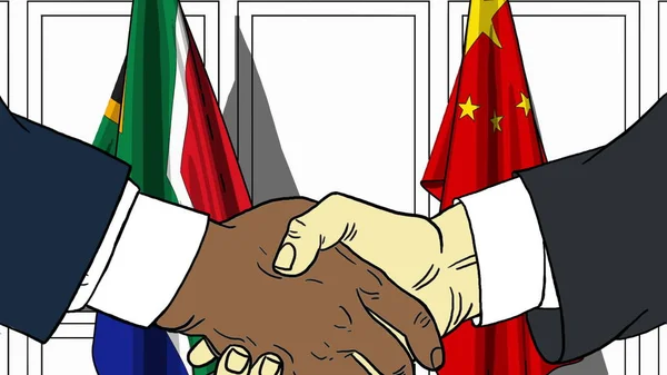 Geschäftsleute oder Politiker schütteln Hände gegen Flaggen Südafrikas und Chinas. offizielles Treffen oder Zusammenarbeit im Zusammenhang mit Cartoon Illustration — Stockfoto