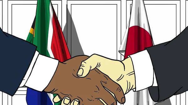 Oamenii de afaceri sau politicienii dau mâna cu steagurile Africii de Sud și Japoniei. Reuniune oficială sau cooperare ilustrație de desene animate — Fotografie, imagine de stoc