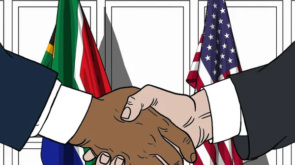 Empresários ou políticos apertam as mãos contra bandeiras da África do Sul e dos EUA. Reunião oficial ou ilustração de desenhos animados relacionados com a cooperação — Fotografia de Stock