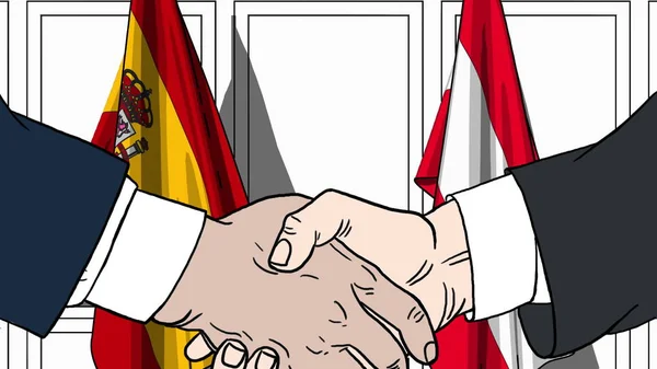 商人或政界人士与西班牙和奥地利的国旗握手。正式会议或合作相关卡通插图 — 图库照片