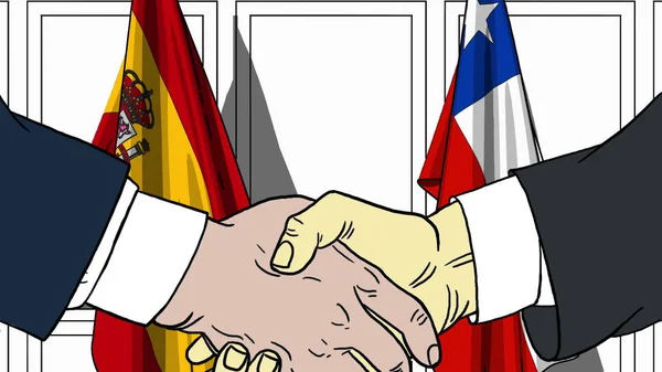 İş adamları veya politikacılar İspanya ve Şili Bayrakları karşı el sıkışın. Resmi toplantı veya işbirliği karikatür çizimi ile ilgili — Stok fotoğraf