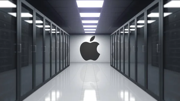 Apple Inc. logo on the wall of the server room. Editorial 3D rendering — Stock Photo, Image