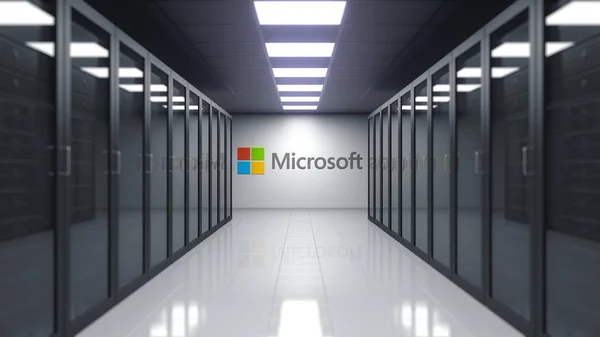 Логотип Microsoft на стене серверной. Редакционная 3D рендеринг — стоковое фото