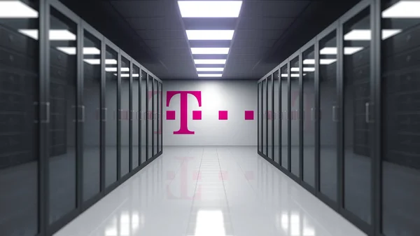 T-Mobile-Logo an der Wand des Serverraums. redaktionelles 3D-Rendering — Stockfoto
