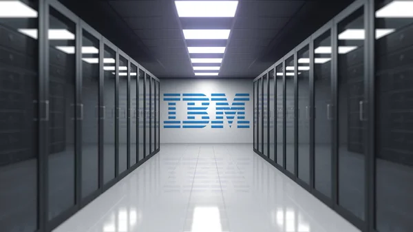 IBM logo on the wall of the server room. Editorial 3D rendering — Stock Photo, Image