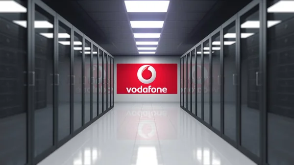 Logotipo da Vodafone na parede da sala do servidor. Renderização 3D editorial — Fotografia de Stock