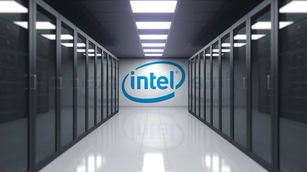 Intel Corporation logo on the wall of the server room. Editorial 3D rendering — Stock Photo, Image