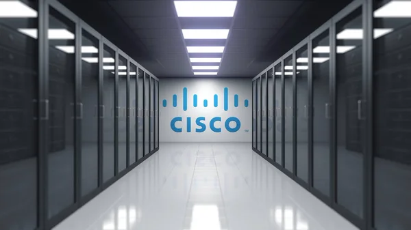 Логотип Cisco Systems на стене серверной. Редакционная 3D рендеринг — стоковое фото