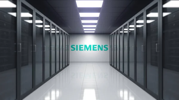 Logo Siemens pe peretele camerei serverului. Redarea editorială 3D — Fotografie, imagine de stoc