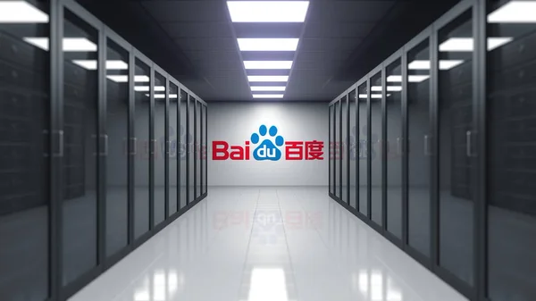 Baidu logo on the wall of the server room. Editorial 3D rendering — Stock Photo, Image