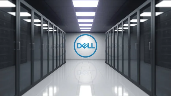 Dell inkl. Logo an der Wand des Serverraums. redaktionelles 3D-Rendering — Stockfoto