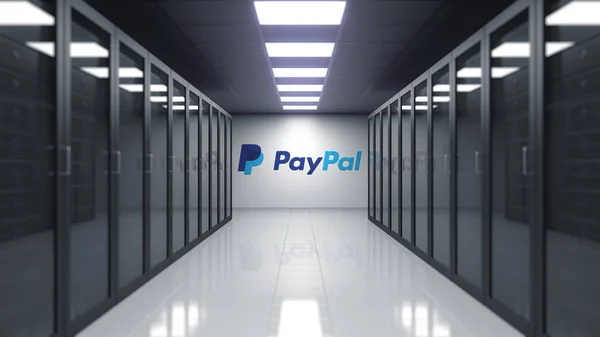 Logotipo de PayPal en la pared de la sala de servidores. Representación Editorial 3D — Foto de Stock