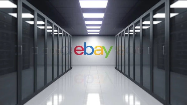 Logotipo eBay Inc. na parede da sala do servidor. Renderização 3D editorial — Fotografia de Stock