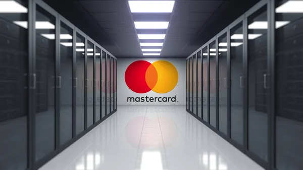 MasterCard-logo op de muur van de serverkamer. Redactioneel 3D-rendering — Stockfoto