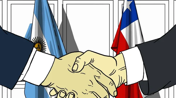 İş adamları veya politikacılar Arjantin ve Şili Bayrakları karşı el sıkışın. Resmi toplantı veya işbirliği karikatür çizimi ile ilgili — Stok fotoğraf