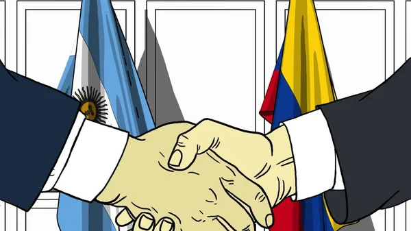 Empresarios o políticos se dan la mano contra banderas de Argentina y Colombia. Reunión oficial o ilustración de dibujos animados relacionados con la cooperación —  Fotos de Stock